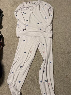 Women's Heart-Print Pajama Set - Light Lavender with Blue & Pink Hearts